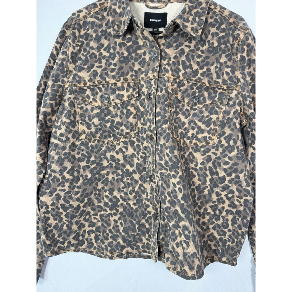 Express Women’s Denim Jacket Size Large Leopard Print Brown Black NWT Cotton - Picture 4 of 12